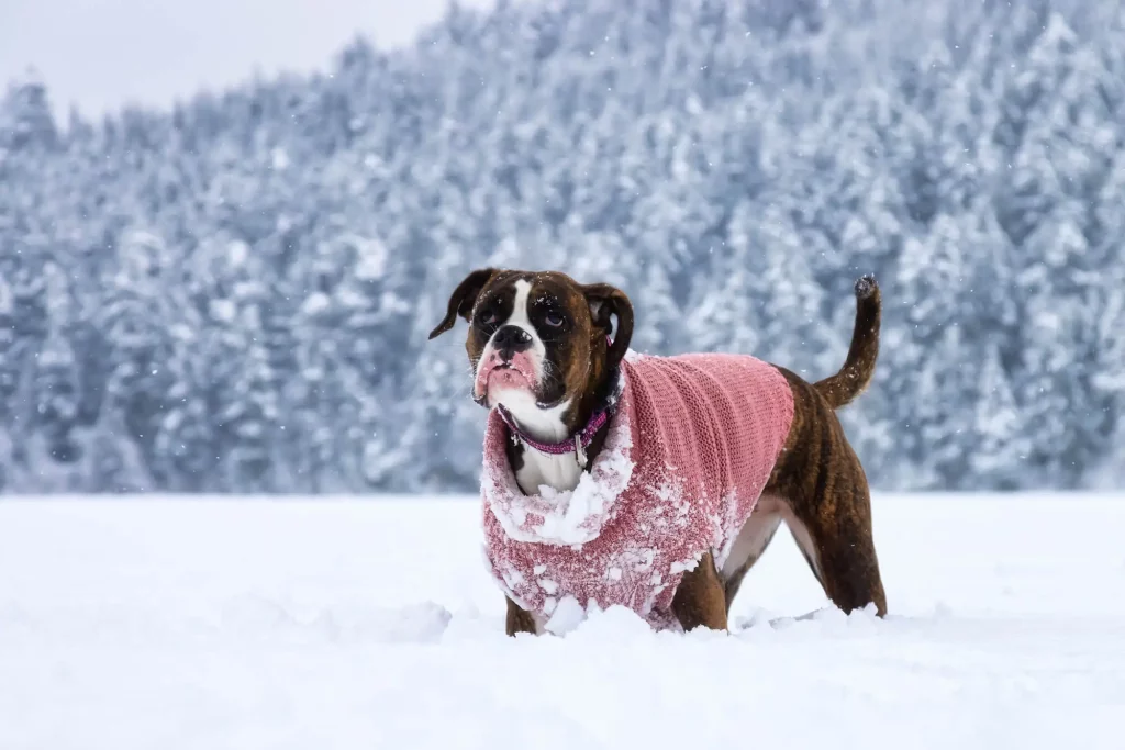 Un chien boxer jouant dans la neige